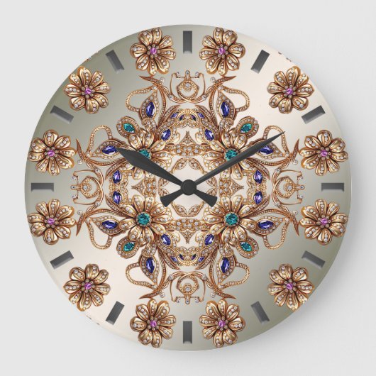 Elegant Gold Jewel Flowers Wall Clock ラージ壁時計 (正面)