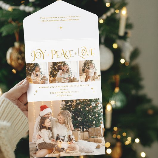 Elegant Gold Joy Peace Love Script 3-Photo オールインワン招待状