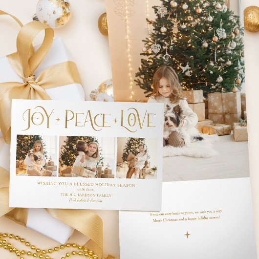 Elegant Gold Joy Peace Love Script 3-Photo 三つ折りクリスマスカード