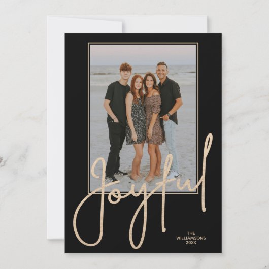 Elegant Gold JOYFUL Script Black Photo Christmas シーズンカード (正面)