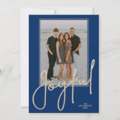 Elegant Gold JOYFUL Script on Blue Photo Christmas シーズンカード (正面)