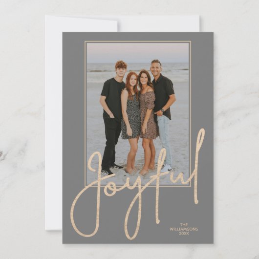 Elegant Gold JOYFUL Script on Grey Photo Christmas シーズンカード (正面)
