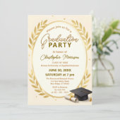 Elegant Gold Laurel Wreath & Cap Graduation Party 招待状 (スタンド正面)
