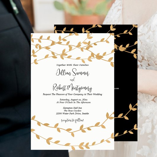 Elegant Gold Leaves Black White Wedding 招待状