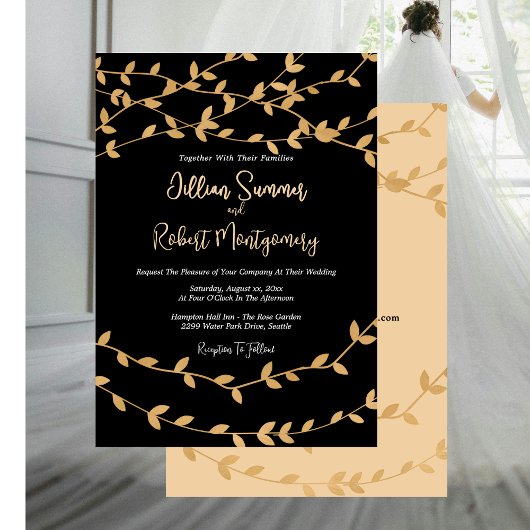 Elegant Gold Leaves with Black Wedding Invitation 招待状