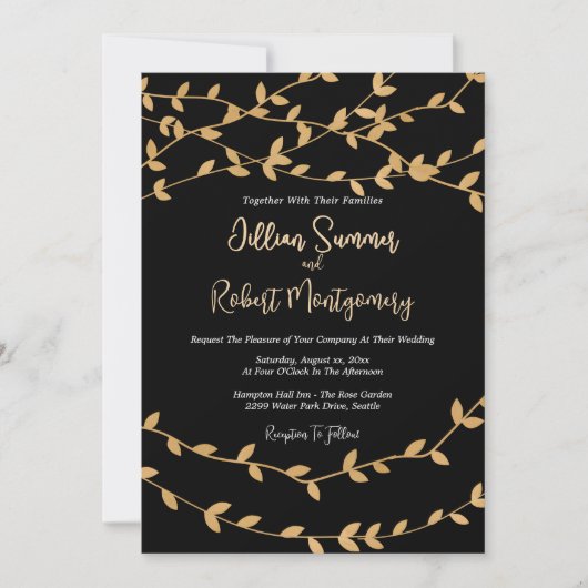 Elegant Gold Leaves with Black Wedding Invitation 招待状 (正面)