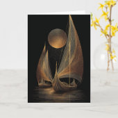 Elegant Gold Line Art Illustration of Longships カード (黄色い花)