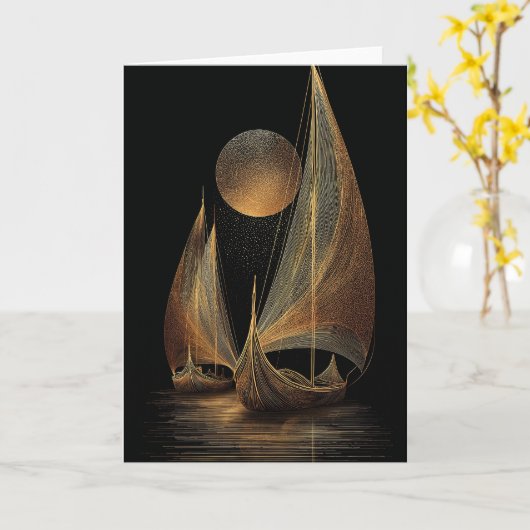 Elegant Gold Line Art Illustration of Longships カード (黄色い花)