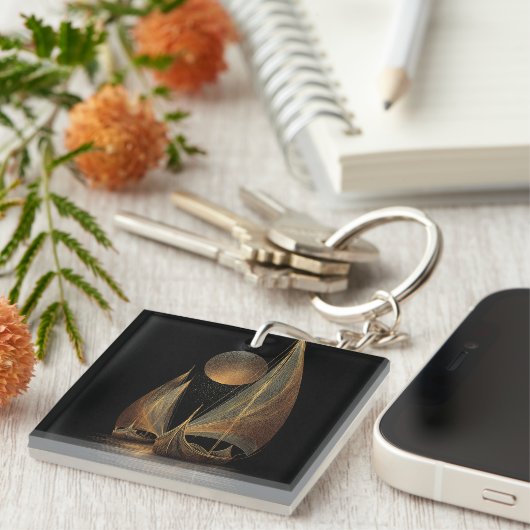 Elegant Gold Line Art Illustration of Longships キーホルダー (正面右)