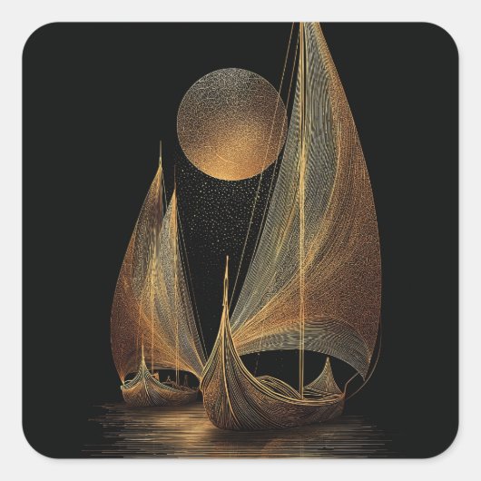 Elegant Gold Line Art Illustration of Longships スクエアシール (正面)