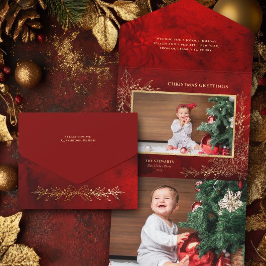 Elegant Gold Line Drawn Christmas Botanical Photo オールインワン招待状