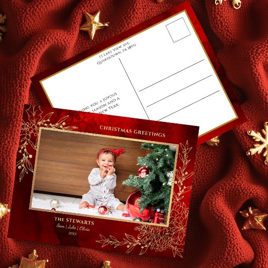 Elegant Gold Line Drawn Christmas Botanical Photo シーズンポストカード