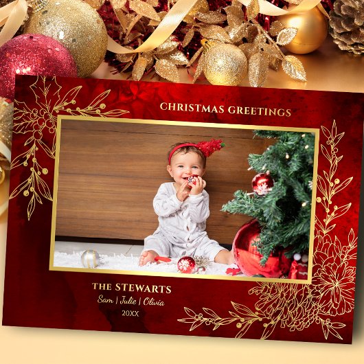 Elegant Gold Line Drawn Christmas Botanical Photo 箔シーズンカード