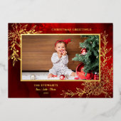 Elegant Gold Line Drawn Christmas Botanical Photo 箔シーズンカード (正面)