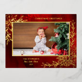 Elegant Gold Line Drawn Christmas Botanical Photo 箔シーズンポストカード (正面)