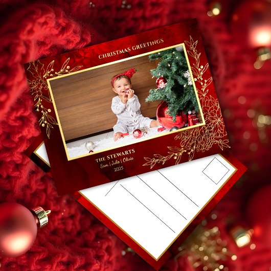 Elegant Gold Line Drawn Christmas Botanical Photo 箔シーズンポストカード