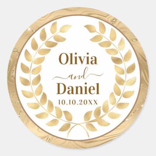 Elegant Gold Marble & Wreath Personalized Wedding ラウンドシール (正面)