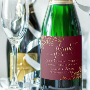 Elegant Gold & Maroon Burgundy Wedding Thank You スパークリングワインラベル
