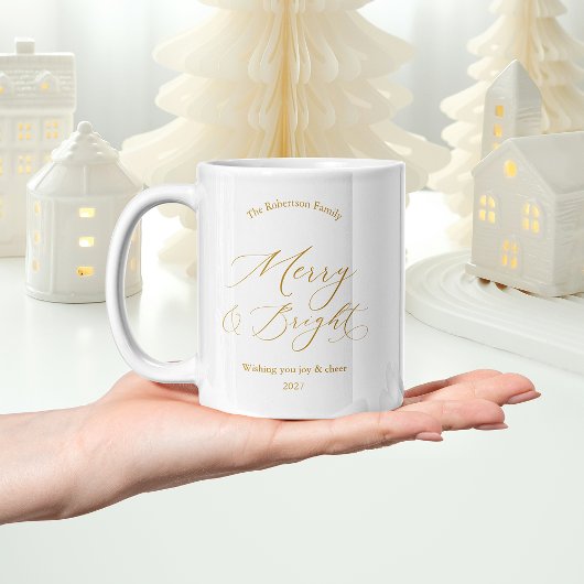 Elegant Gold “Merry & Bright” Holiday Mug コーヒーマグカップ
