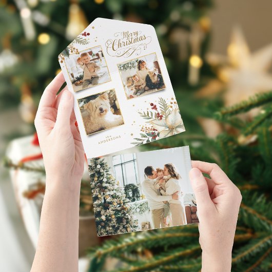 Elegant Gold Merry Christmas Botanical 3-Photo オールインワン招待状