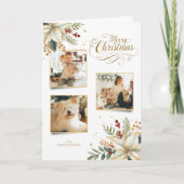 Elegant Gold Merry Christmas Botanical 3-Photo シーズンカード (正面)
