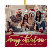 Elegant Gold Merry Christmas Script Photo Red 