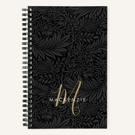Elegant Gold Monogram Black Floral Pattern ノートブック (正面)