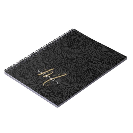 Elegant Gold Monogram Black Floral Pattern ノートブック (左側)