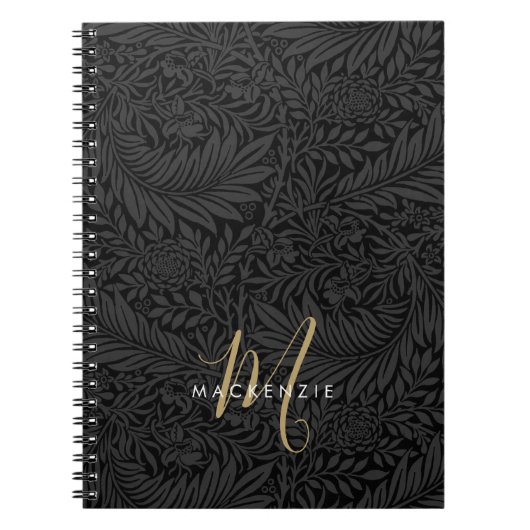 Elegant Gold Monogram Black Floral Pattern ノートブック (正面)