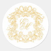 Elegant Gold Monogram Crest Vintage Wedding ラウンドシール (正面)