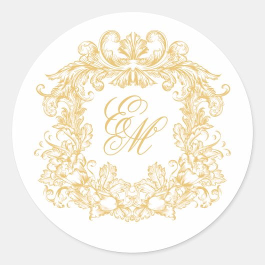 Elegant Gold Monogram Crest Vintage Wedding ラウンドシール (正面)