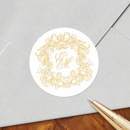 Elegant Gold Monogram Crest Vintage Wedding ラウンドシール