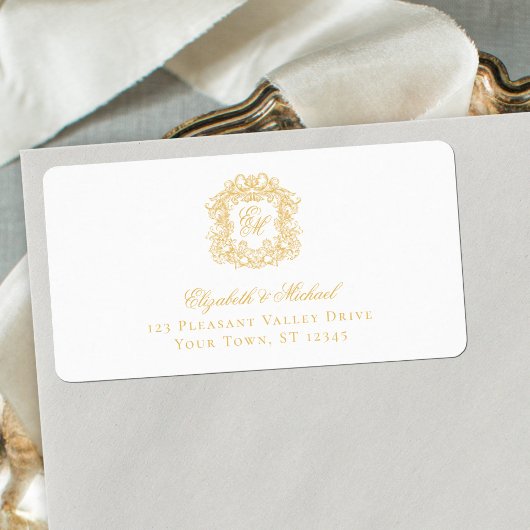 Elegant Gold Monogram Crest Wedding Address ラベル