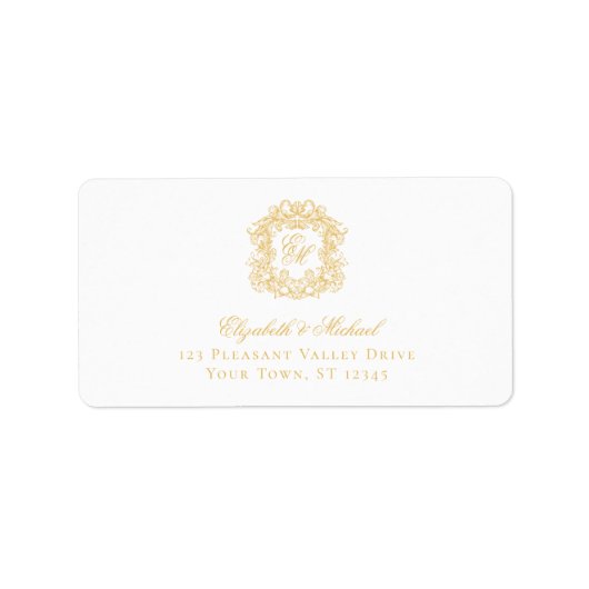 Elegant Gold Monogram Crest Wedding Address ラベル (正面)