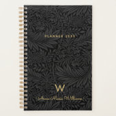 Elegant Gold Monogram Name Black Floral 2026 プランナー手帳 (正面)