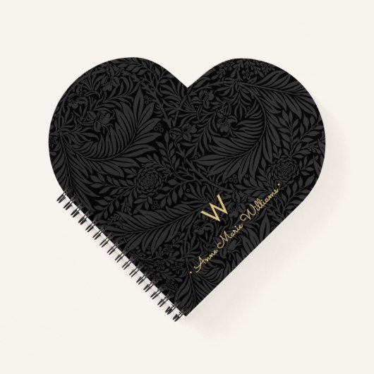 Elegant Gold Monogram Name Black Floral Pattern ノートブック (正面)