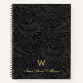 Elegant Gold Monogram Name Black Floral Pattern ノートブック (正面)