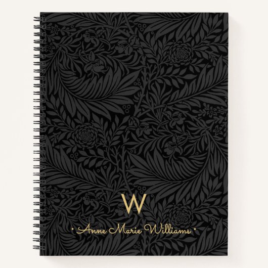 Elegant Gold Monogram Name Black Floral Pattern ノートブック (正面)