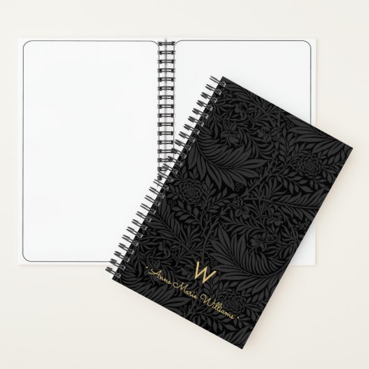 Elegant Gold Monogram Name Black Floral Pattern ノートブック (内側)