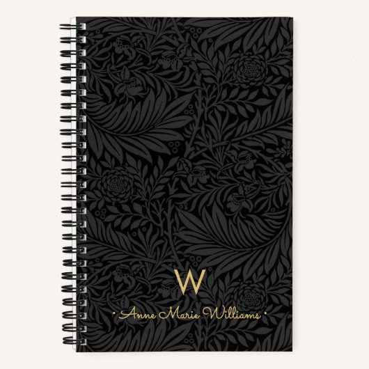 Elegant Gold Monogram Name Black Floral Pattern ノートブック (正面)