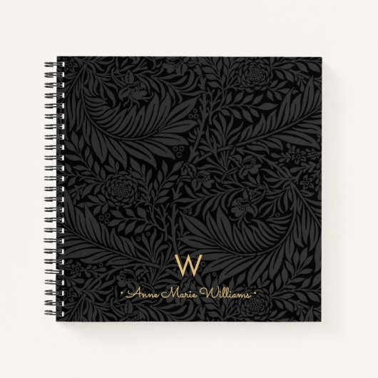 Elegant Gold Monogram Name Black Floral Pattern ノートブック (正面)