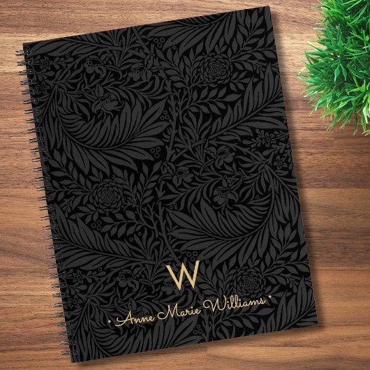 Elegant Gold Monogram Name Black Floral Pattern ノートブック