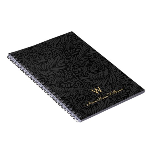 Elegant Gold Monogram Name Black Floral Pattern ノートブック (右側)