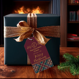 Elegant Gold Monogram Plaid - Cranberry Blue Teal ギフトタグ