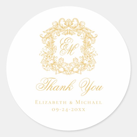 Elegant Gold Monogram Wedding Crest Thank You ラウンドシール (正面)