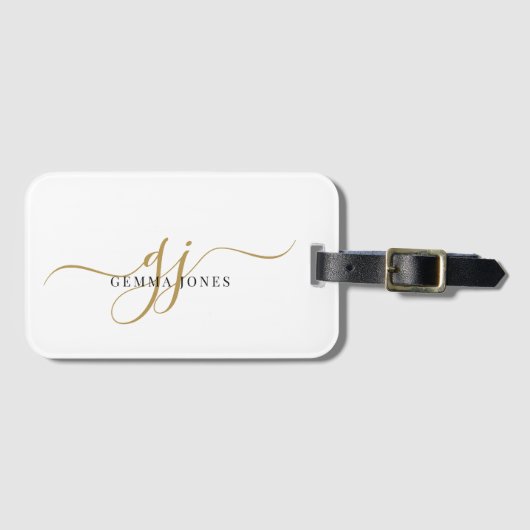 Elegant Gold Monogram White Luggage Tag ラゲッジタグ (正面横)