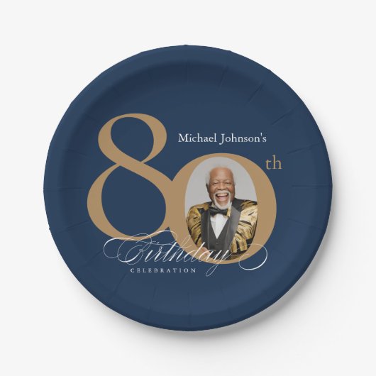 Elegant Gold Navy Blue Photo 80th Birthday ペーパープレート (正面)