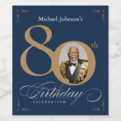Elegant Gold Navy Blue Photo 80th Birthday  ワインラベル (シングルラベル)