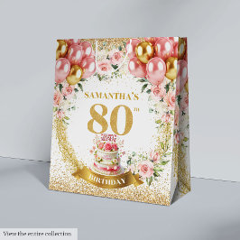 Elegant Gold Number 80th Birthday Blush Floral  ミディアムペーパーバッグ