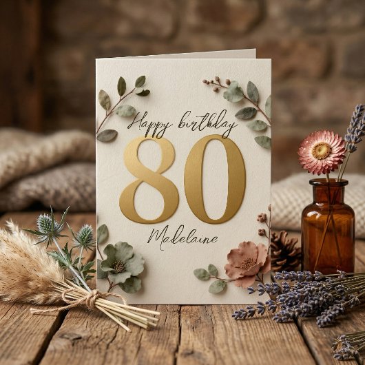 Elegant Gold Number Botanical Floral 80th Birthday カード